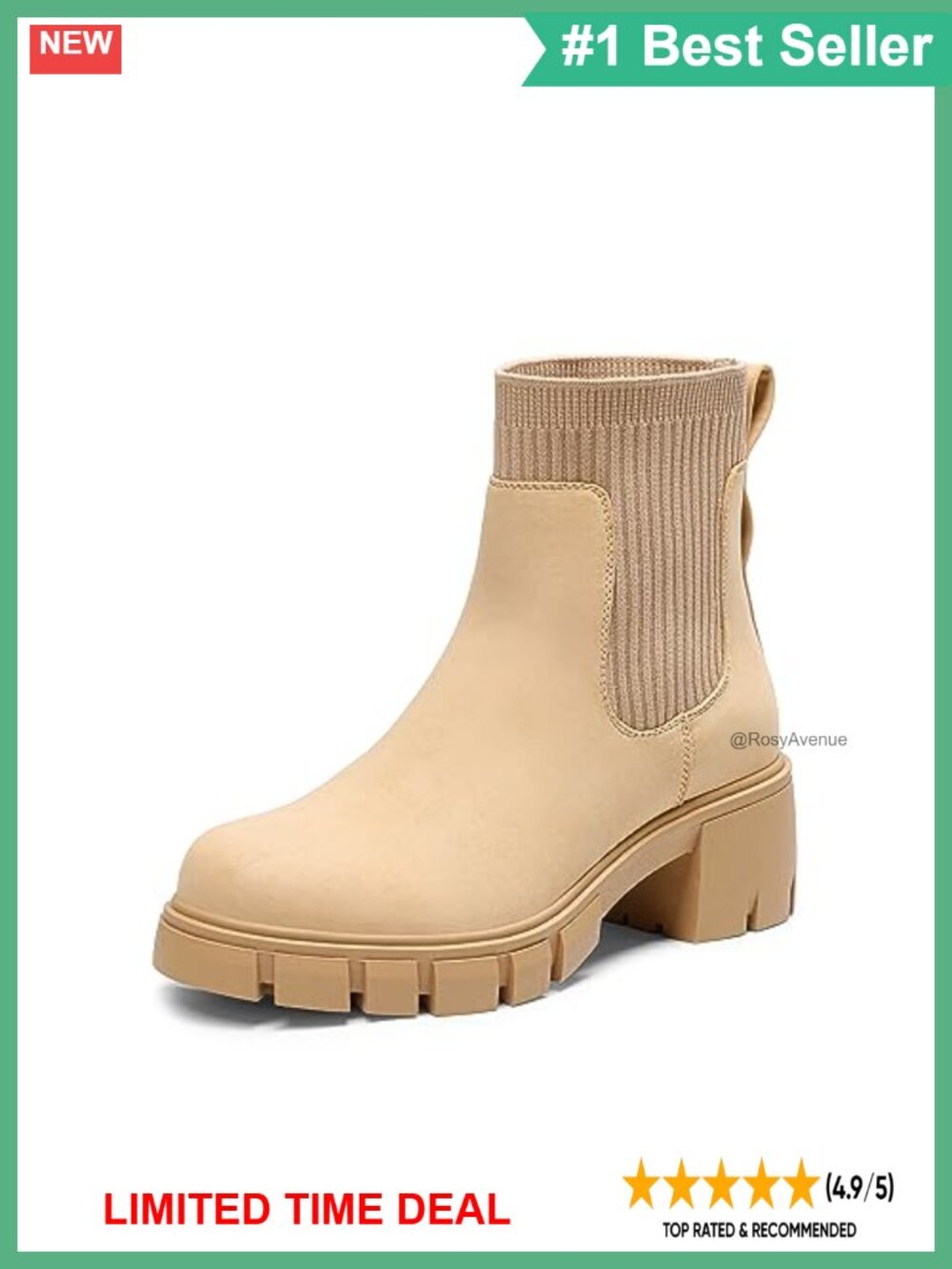 Faux Leather Knit Chelsea Ankle Boots Low Chunky Heel Platform Lug Sole